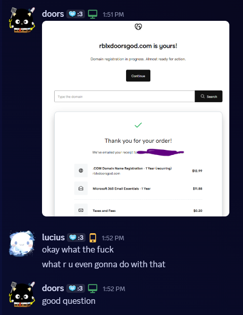 Discord chat: doors posts the rblxdoorsgod.com domain receipt, lucius asks what they are even going to do with it, doors replies "good question"